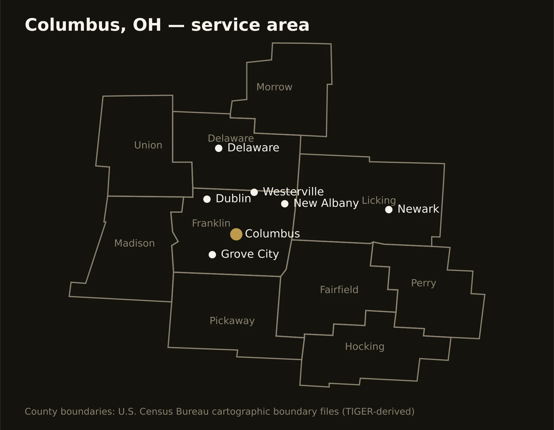 Columbus, OH directional drilling service area map — component counties and cities served
